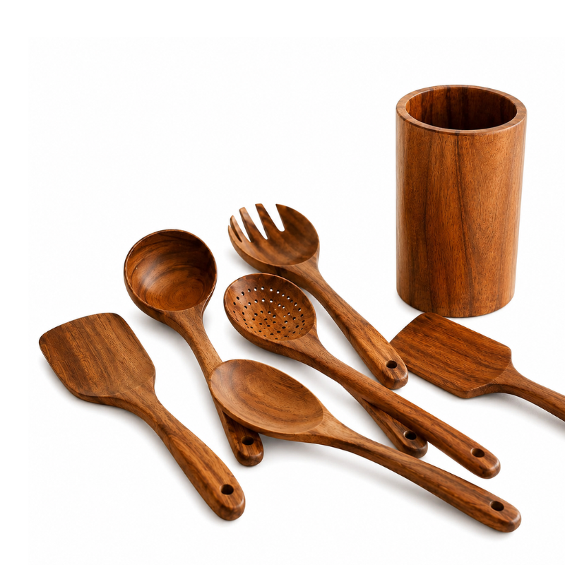 7-Piece Teak Wood Kitchen Utensil Set with Holder