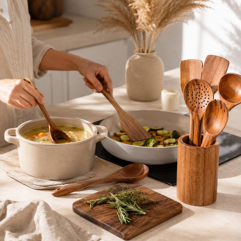 7-Piece Teak Wood Kitchen Utensil Set with Holder