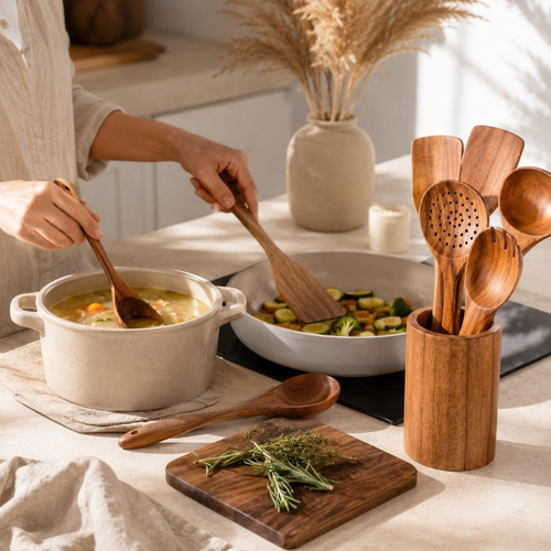7-Piece Teak Wood Kitchen Utensil Set with Holder