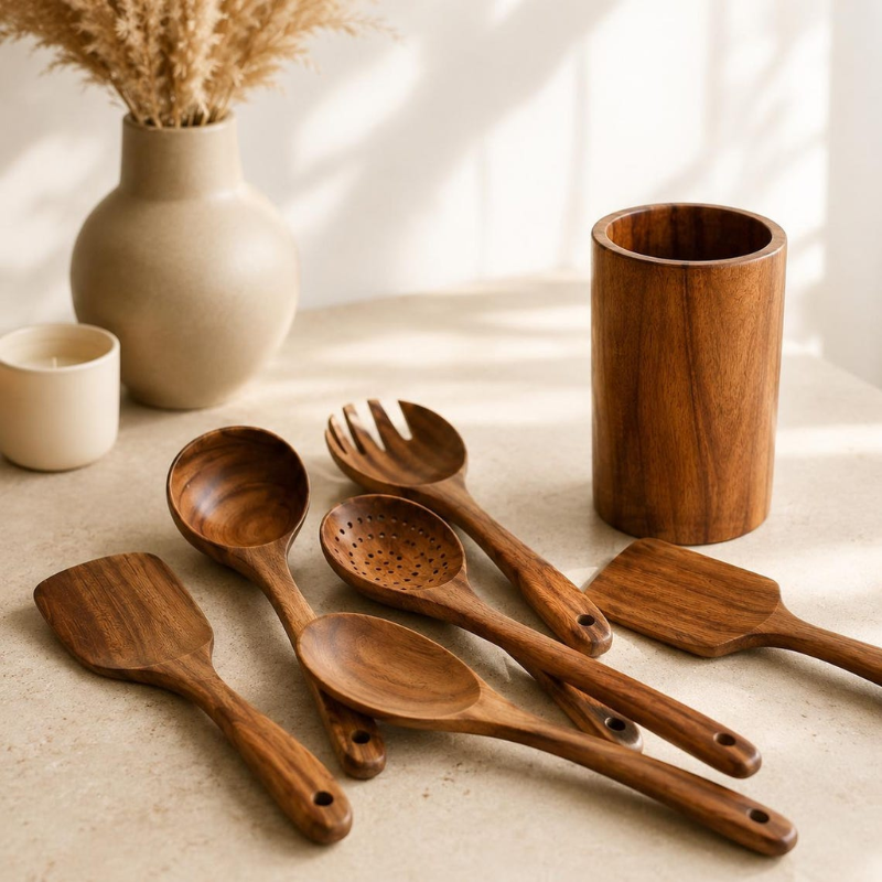 7-Piece Teak Wood Kitchen Utensil Set with Holder