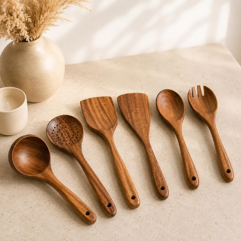 7-Piece Teak Wood Kitchen Utensil Set with Holder