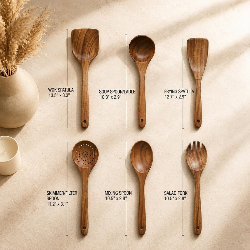 7-Piece Teak Wood Kitchen Utensil Set with Holder