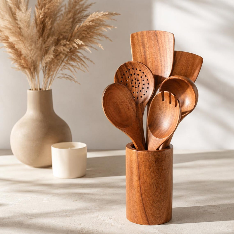 7-Piece Teak Wood Kitchen Utensil Set with Holder