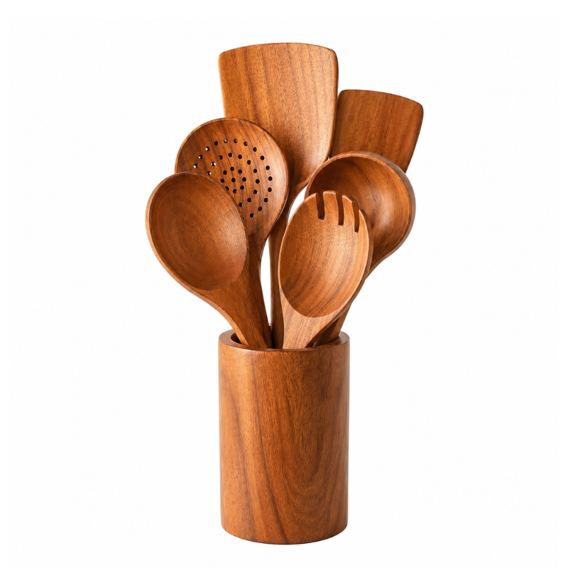 7-Piece Teak Wood Kitchen Utensil Set with Holder
